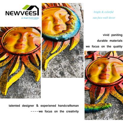 NewVees Sun Face Metal Wall Art Décor Outdoor Indoor, Sun Moon Star, Metal Glass Hanging for Garden Sun Face Sculptures & Statues Statues Wall Art for Farmhouse, Patio, Garden Decoration(3 Pack)