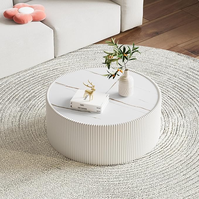 White Marble Round Coffee Table, 29.52" Fluted Coffee Table