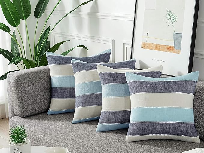 AmHoo Pack of 2 Farmhouse Stripe Check Throw Pillow Covers Set Case Cotton