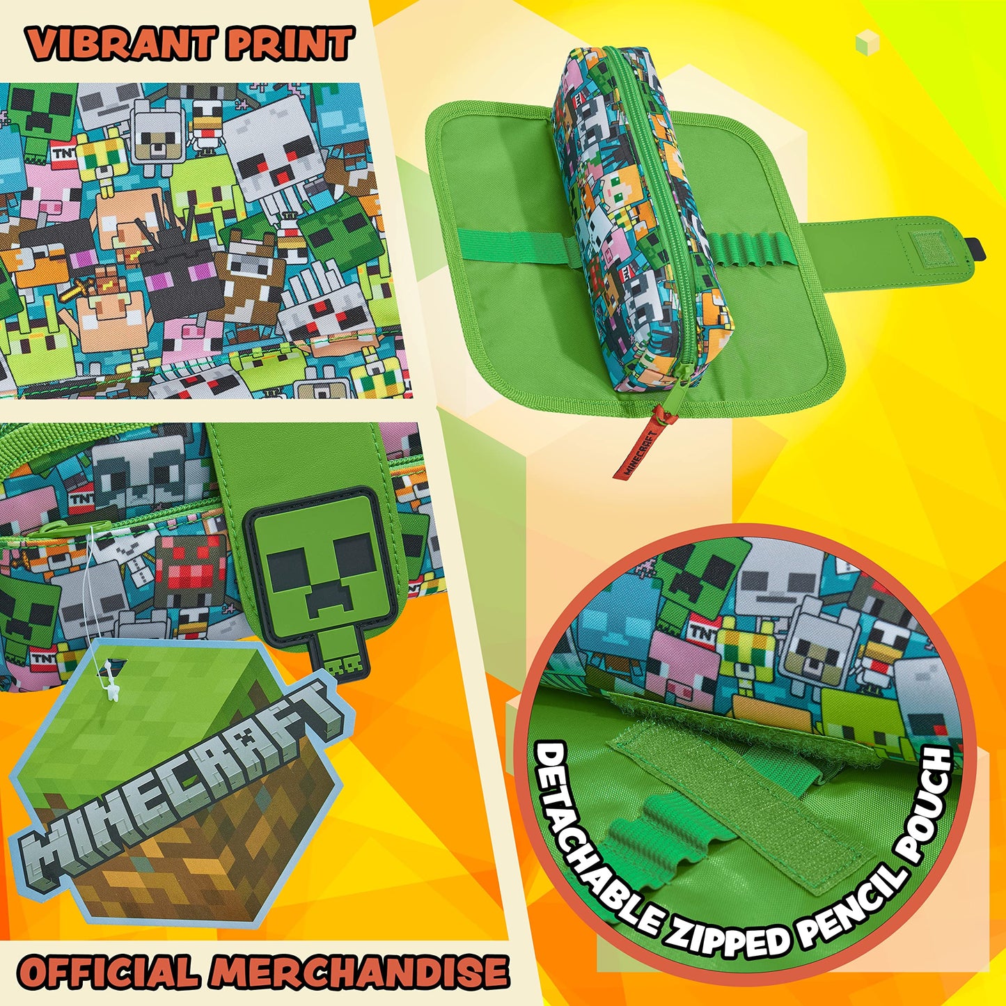 Minecraft Pencil Case for Boys and Girls, Kids Gamer School Supplies Multi Compartments with Detachable Zippered Pen Pouch 2 in 1