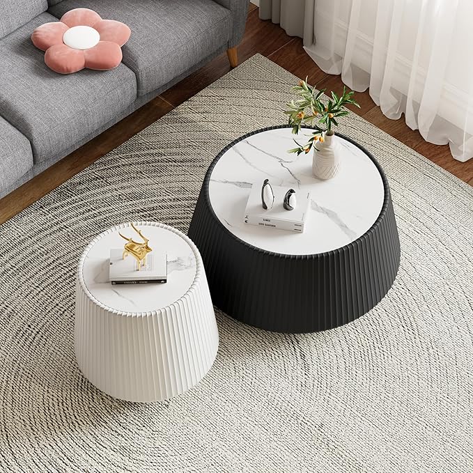 Modern Marble Nesting Coffee Table Set of 2, 26.77" Cup Shaped Coffee and End