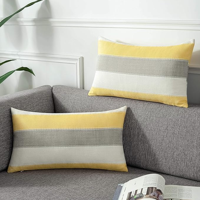 AmHoo Pack of 2 Farmhouse Stripe Check Throw Pillow Covers Set Case Cotton