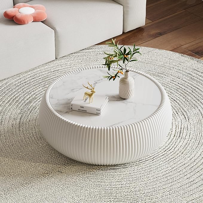 SSLine Round Drum Coffee Table Modern Sintered Stone Top Coffee Table in Cream