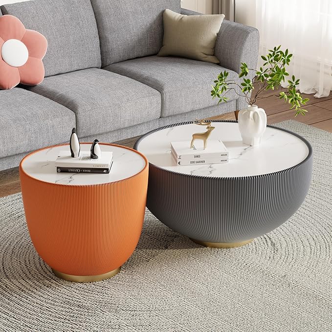 Round Marble Coffee Table Set of 2, 2 Piece White Coffee Table and End Table