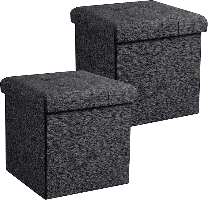 Ornavo Home 2 Pack 15 Inch Folding Storage Ottoman, Square Cube Linen Small