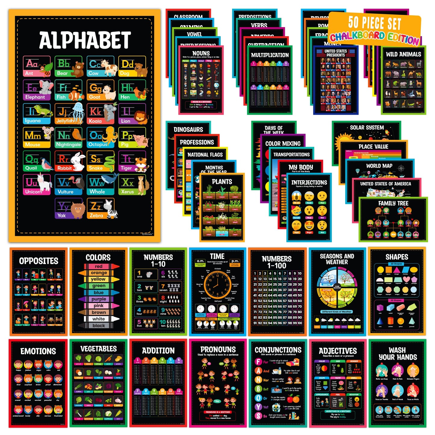 Decorably 50 Chalkboard Learning Posters for Kids Ages 5-7, Toddlers, Kindergarten, 11x17in Educational, Matte-Laminated Classroom Decor for School Hallways, Bulletin Boards, Home Study Room