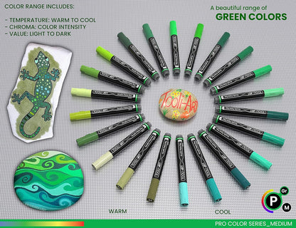 TOOLI-ART 22 Acrylic Paint Markers Paint Pens Pro Color Series Set 3mm Medium Tip for Rock Painting, Glass, Mugs, Wood, Metal, Glass Paint, Canvas, DIY. Non Toxic, Waterbased, Quick Drying (GREENS)