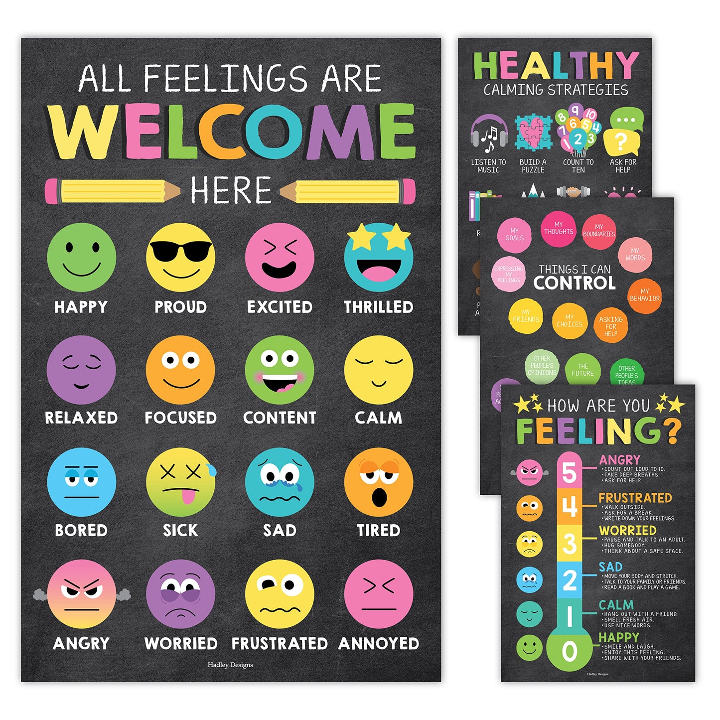 Hadley Designs Feelings Chart for Classroom Must Haves - Emotions Chart for Toddler Calm Down Corner Supplies, Feelings Wheel, Mental Health & Social Emotional Learning Posters, Chalk Classroom Decor