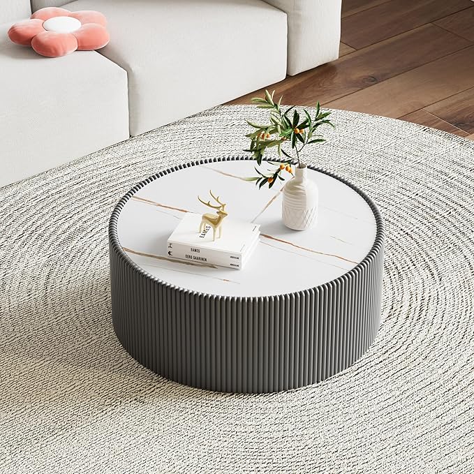 SSLine Round Drum Coffee Table Set of 2 Modern Sintered Stone Top Nesting