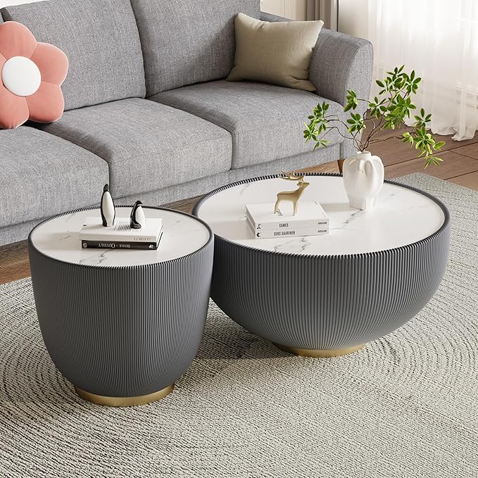 Henf Marble Round Side Table, 19.7" Fluted End Table