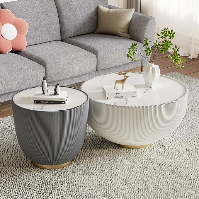 Round Marble Coffee Table Set of 2, 2 Piece White Coffee Table and End Table