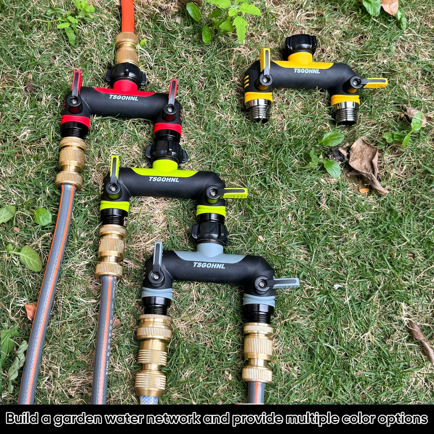 2 Way Garden Hose Splitter, 3/4 Inch Outdoor Faucet Splitter, Hose Manifold with Independent Shut Off Valves, Wide Spacing for Hose Timers, Sprinklers, Lawn, Yard and Garden Watering - Red