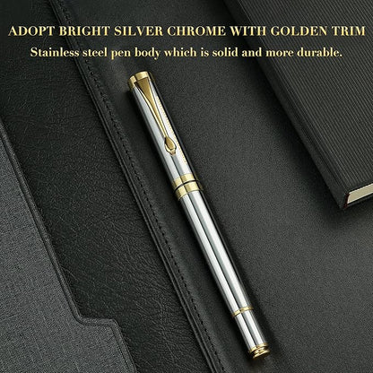 BEILUNER Personalized Ballpoint Pens, Stunning Bright Silver Chrome Metal Pen with Golden Trim, Fancy Ball Pen Gift Set for Men & Women, Graduation,Office, Nice Gift Box with 0.5mm Black Spare Refill