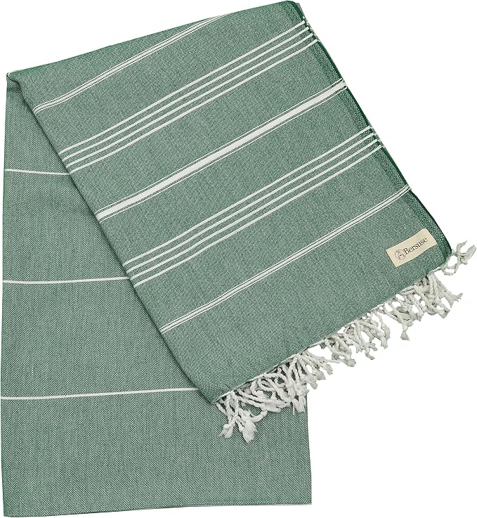 Bersuse Towels Anatolia XL Beach Blanket Throw Blanket Turkish Towel 100% Cotton Extra-Large Quick-Dry Lightweight Premium Peshtemal Towel - 61x82 Inches, Forest Green