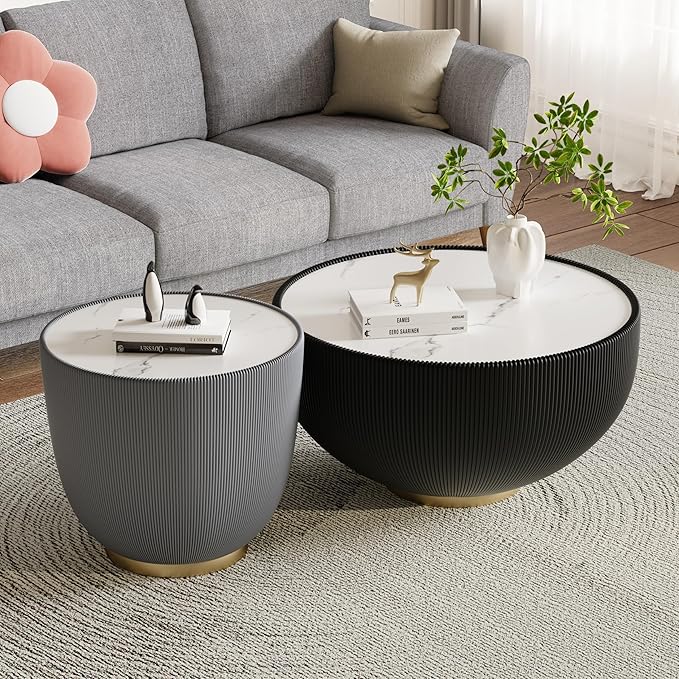 Round Marble Coffee Table Set of 2, 2 Piece White Coffee Table and End Table
