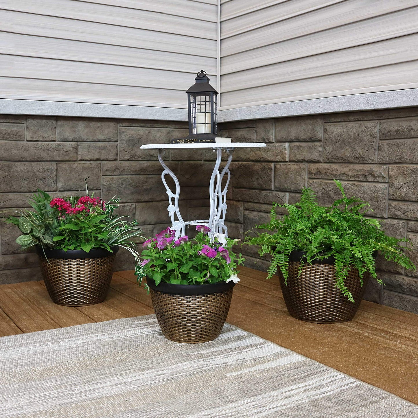 Sunnydaze 3-Piece Outdoor Planter Set - 12", 13", and 15" Resin Faux Basketweave Planters