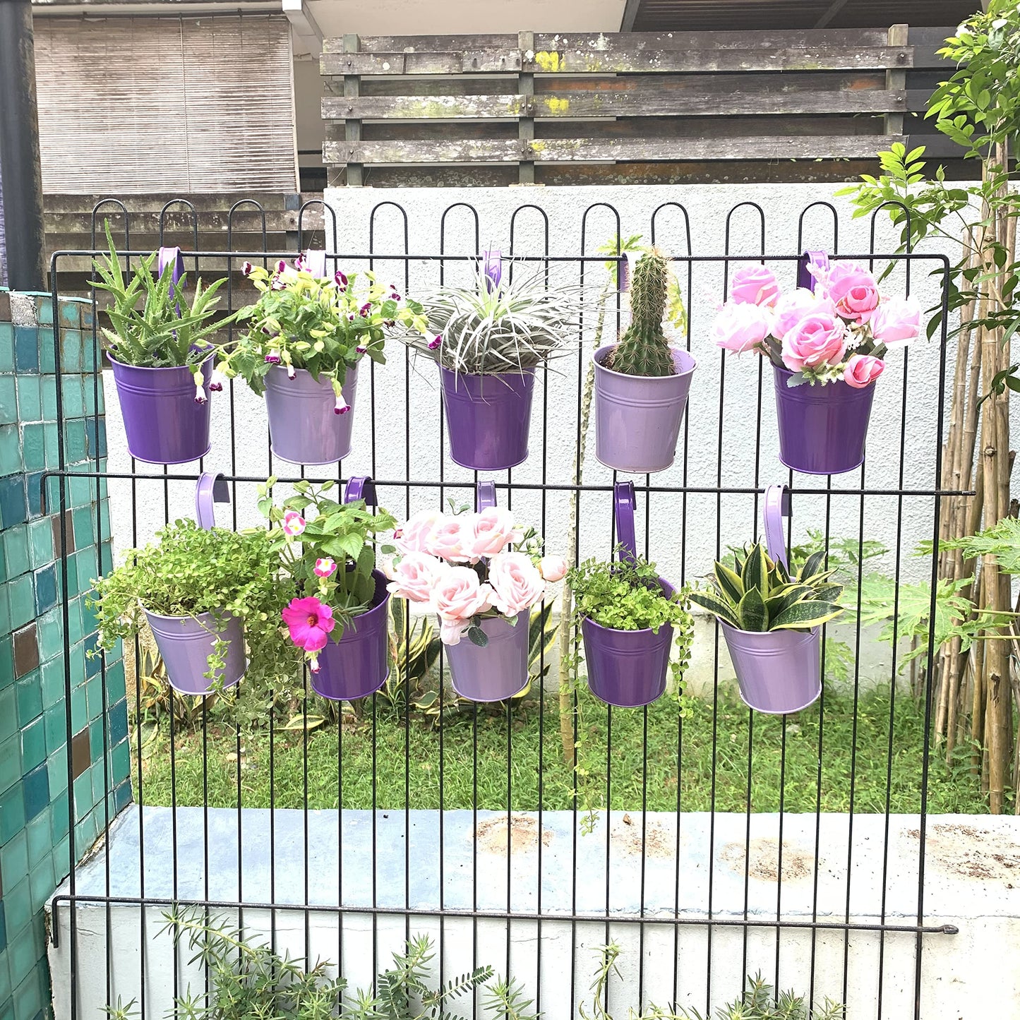 LaLaGreen Hanging Planter Outdoor - 10 Pack, 4 Inch Fence Planters Outdoor Purple Hanging Window Flower Bucket Metal Succulent Pots Balcony Railing Wall Garden Deck Porch Herb Plant Macetas Exterior