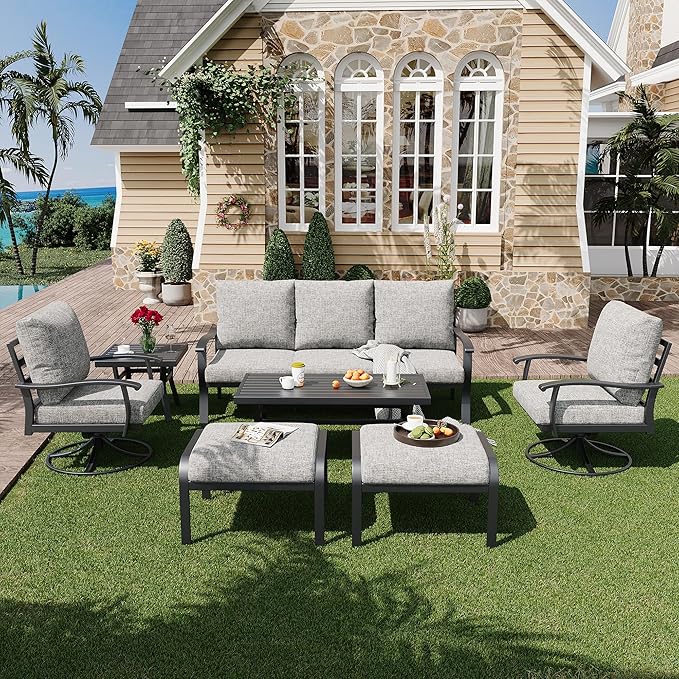 HOMREST Patio Furniture Sets 7 PCS Outdoor Metal Conversation Sets, 360 Degree