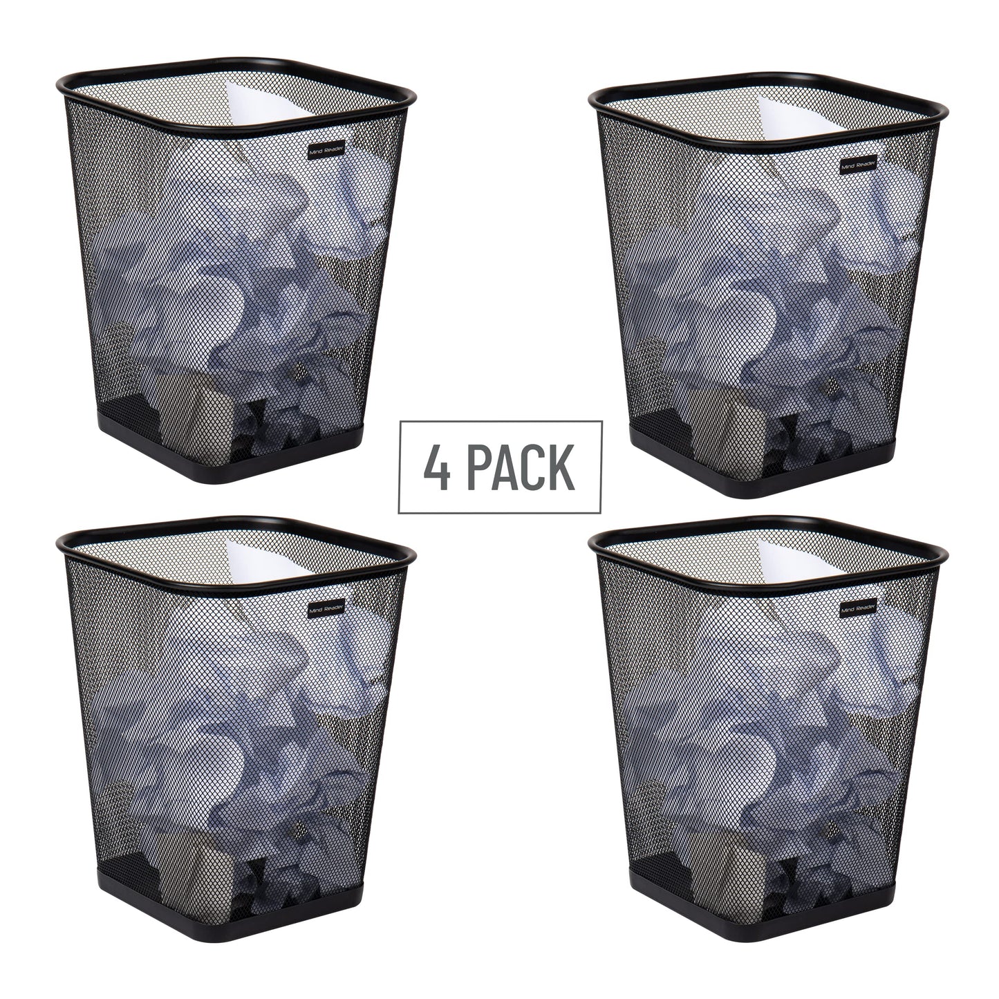 Mind Reader Mesh Trash Can, Waste Paper Basket, Square, Office, Metal Mesh, 9.75" L x 9.75" W x 12.25" H, Set of 4, Black