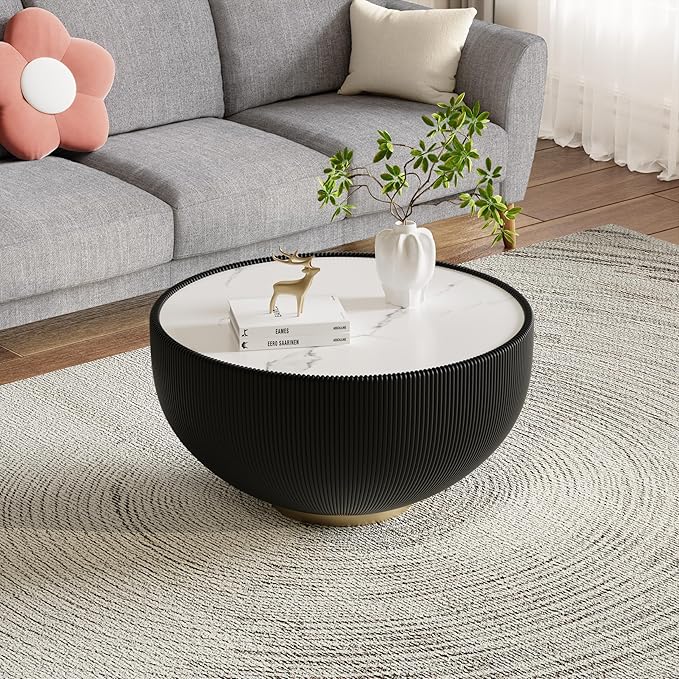 SSLine Bowl-Shape Coffee Table Modern Sintered Stone Top Coffee Table in Black