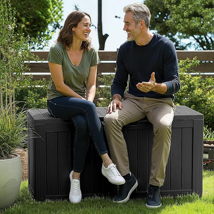 ROJIK Outdoor Storage Housing Deck Box - Waterproof Patio Furniture, Garden Tools, Cushions, Pool Accessories Storage Bench with Lockable Lid and Side Handles (Black 90 Gal)
