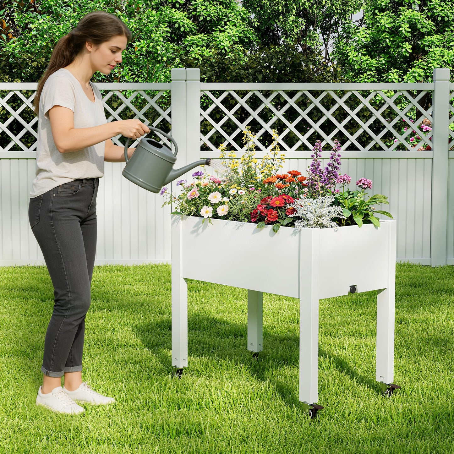 WTFGO Elevated Raised Garden Bed with Wheels - Outdoor Mobile Resin Planter Box with Drainage Holes for Vegetables Flower Herbs, Weather Resistant, White (26.3" h)