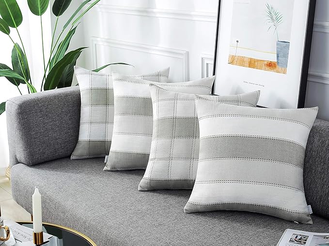 AmHoo Pack of 2 Farmhouse Stripe Check Throw Pillow Covers Set Case Cotton