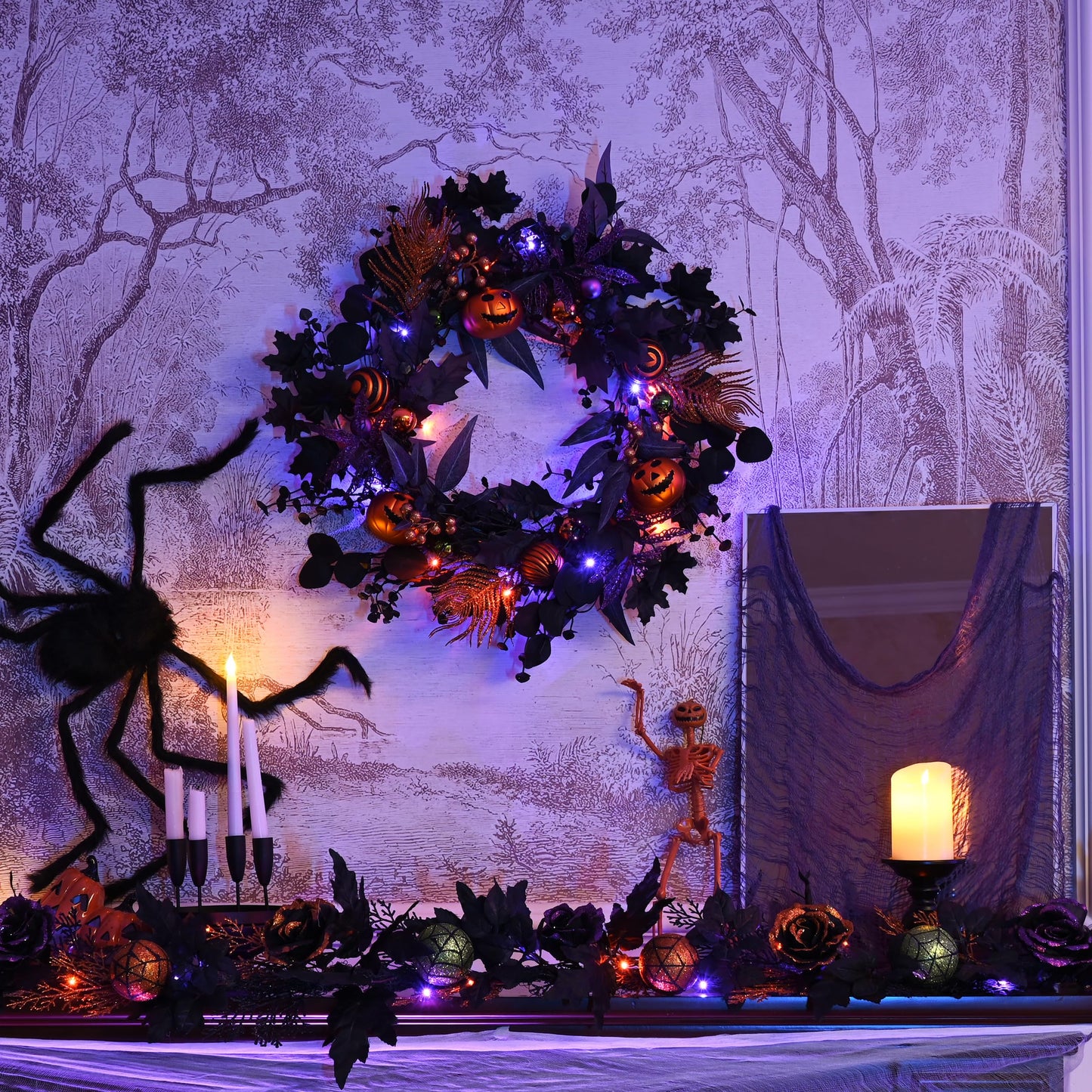 Valery Madelyn Collapsible Halloween Wreath for Front Door with Lights, 24 Inch Pre-Lit Jack-o'-Lantern Pumpkin Wreath Halloween Decorations for Centerpiece Window Indoor Party Holiday Wall Home Decor