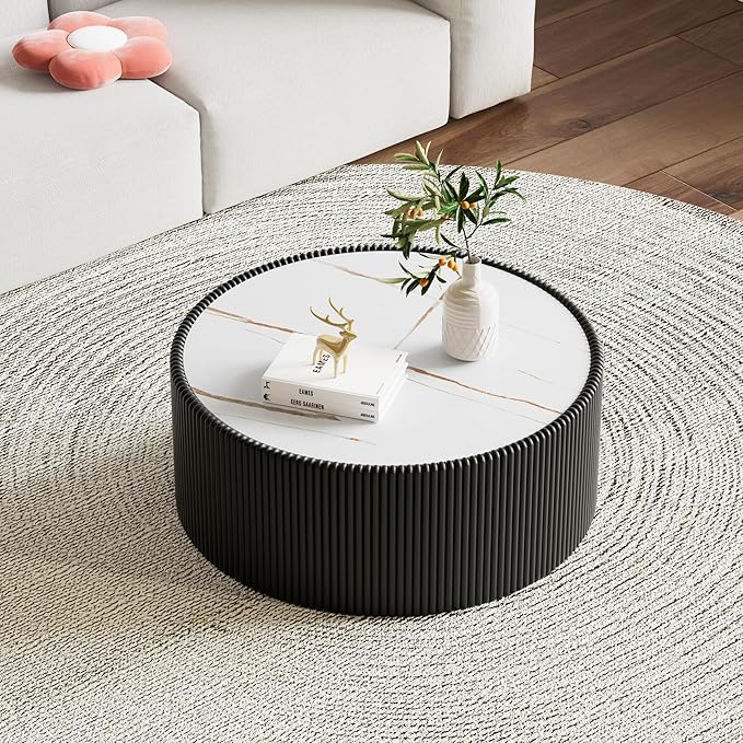 SSLine Round Drum Coffee Table Modern Sintered Stone Top Coffee Table in Black