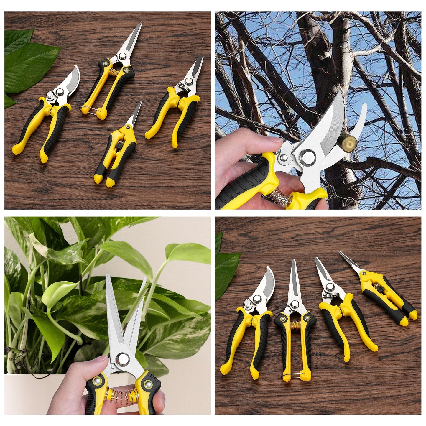 5 pack Garden Pruning Shears Stainless Steel Blades, Handheld Scissors Set with Gardening Gloves,Heavy Duty Garden Bypass Pruning Shears,Tree Trimmers Secateurs, Hand Pruner (Yellow and Black)