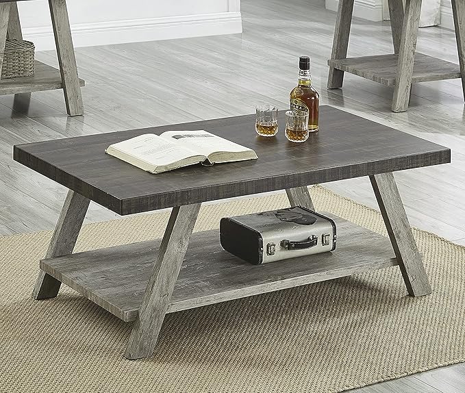 Contemporary Two-Tone Wood Shelf Coffee Table, 48 in Weathered Walnut and Gray
