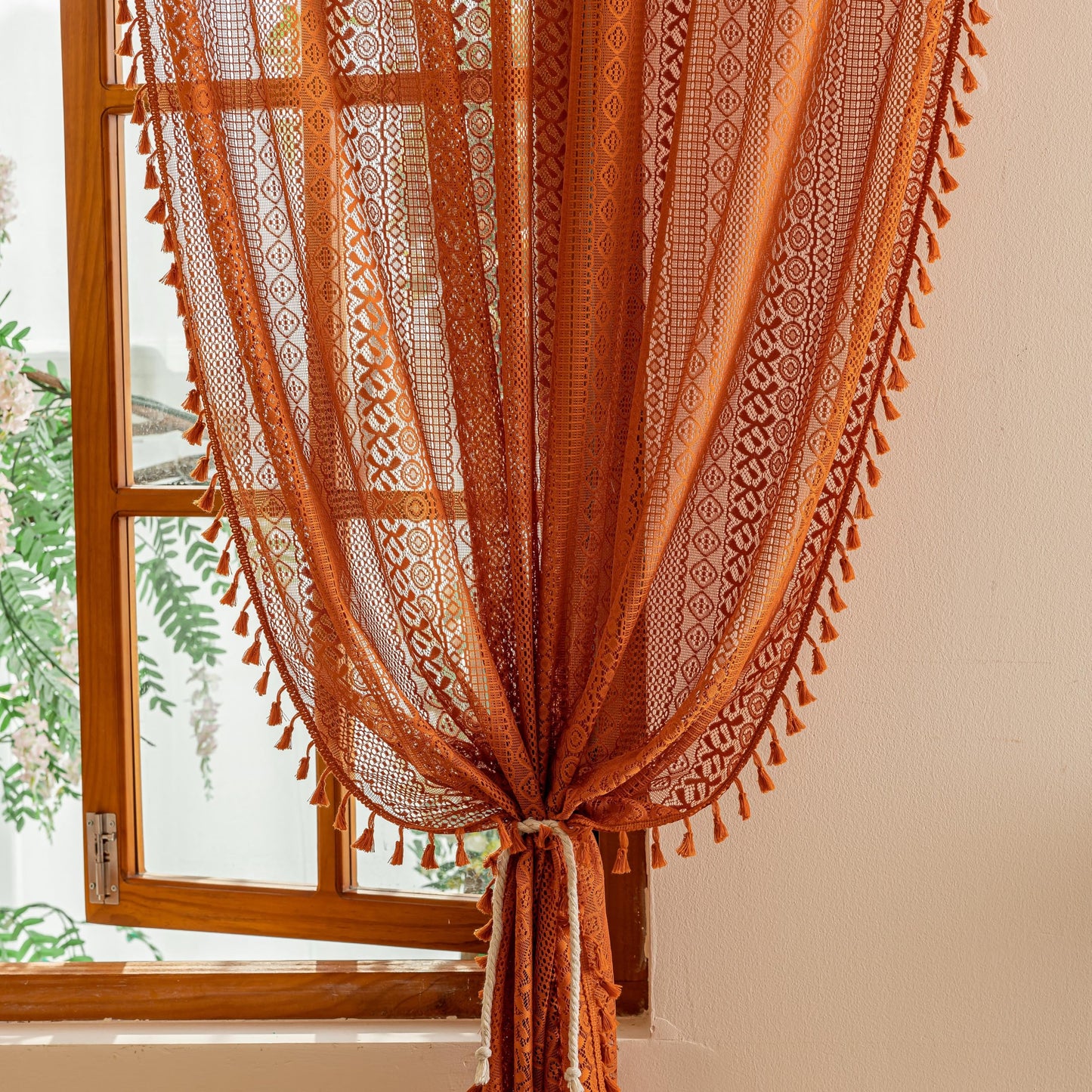 Sutuo Home Terracotta Boho Lace Curtains 2 Panels 84 Inches Long for Living Room&Bedroom, Burnt Orange Crochet Privacy Farmhouse Vintage Tassels Retro Halloween Window Sheer Curtains Rod Pocket,50" W