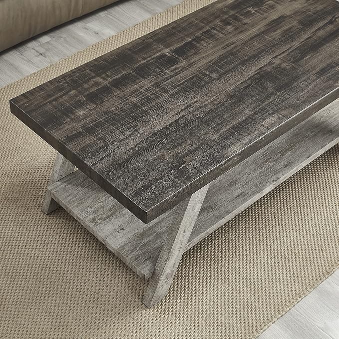 Contemporary Two-Tone Wood Shelf Coffee Table, 48 in Weathered Walnut and Gray