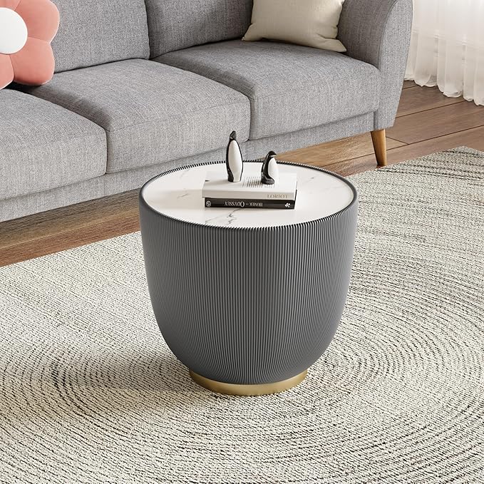 Henf Marble Round Side Table, 19.7" Fluted End Table