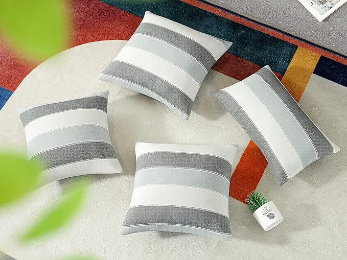 AmHoo Pack of 2 Farmhouse Stripe Check Throw Pillow Covers Set Case Cotton