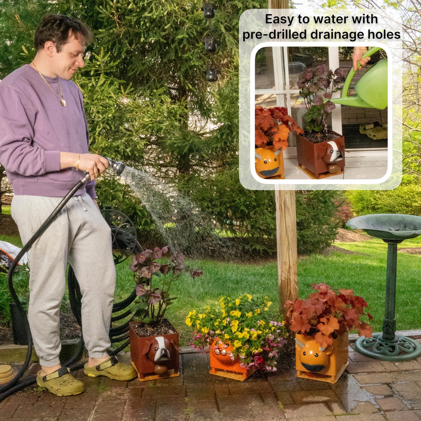 Made Easy Kit Animal Planter Box – Metal Plant Pot with Drainage, Drip Tray & Wooden Base – Indoor Outdoor Cute Garden & Yard Décor - All Weather Durable (Cow)